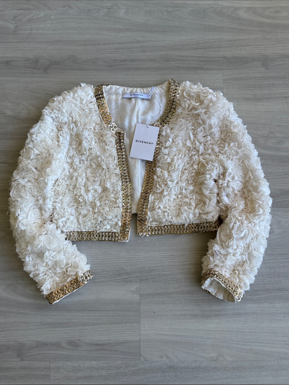 Givenchy Paris Ivory 100% Silk Embroidered Cropped Jacket Gold Chain Trim S NWT